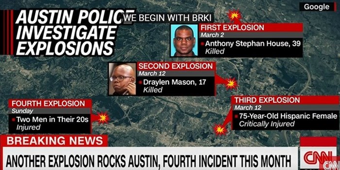 Bản đồ đánh dấu 4 vụ nổ tại Austin. Ảnh chụp màn hình
