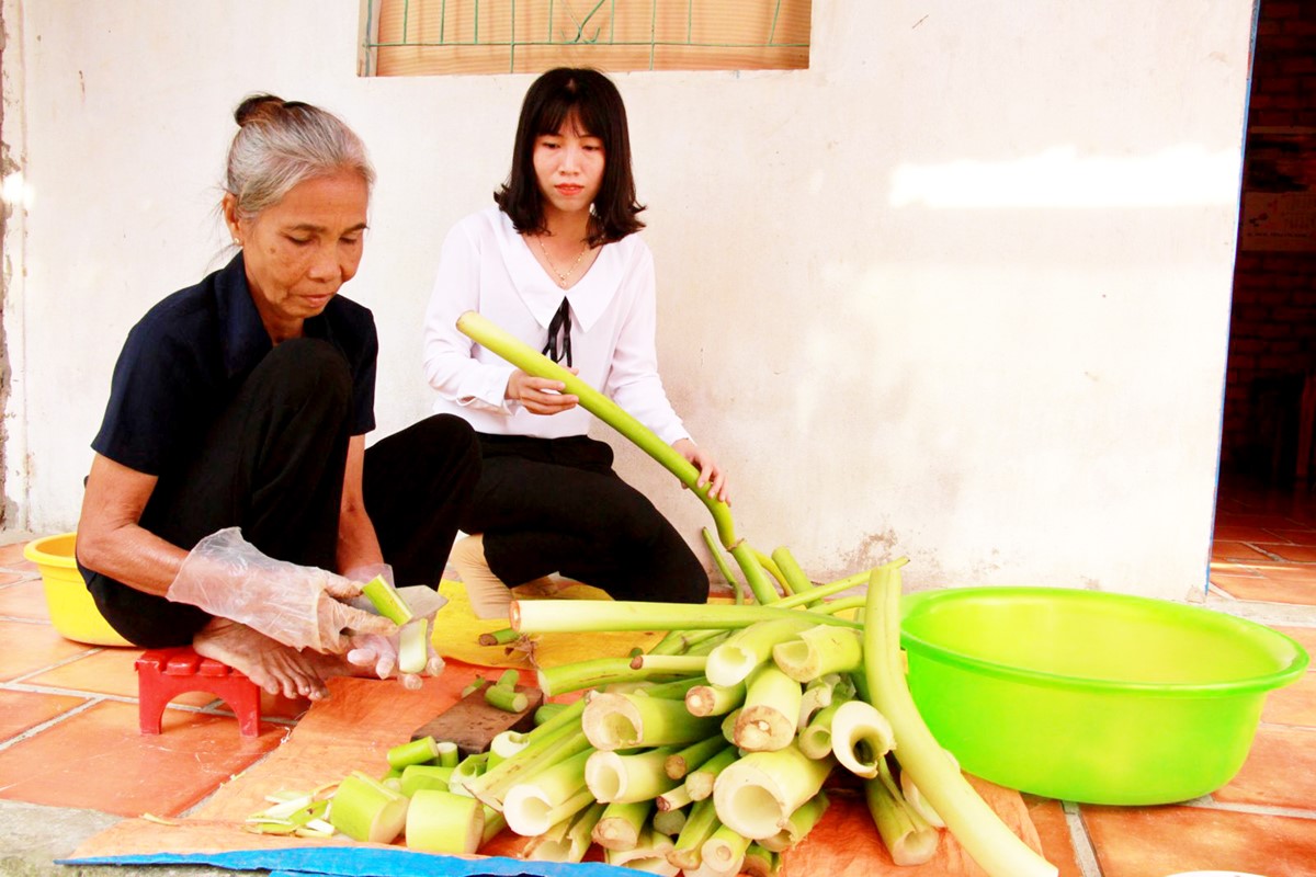 Cô Thị Chín (bên trái) đang cắt môn ngọt, chuẩn bị ủ mẻ dưa mới.