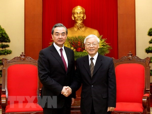 Tổng Bí thư Nguyễn Phú Trọng tiếp Ủy viên Quốc vụ, Bộ trưởng Bộ Ngoại giao Trung Quốc Vương Nghị. (Ảnh: Lâm Khánh/TTXVN)