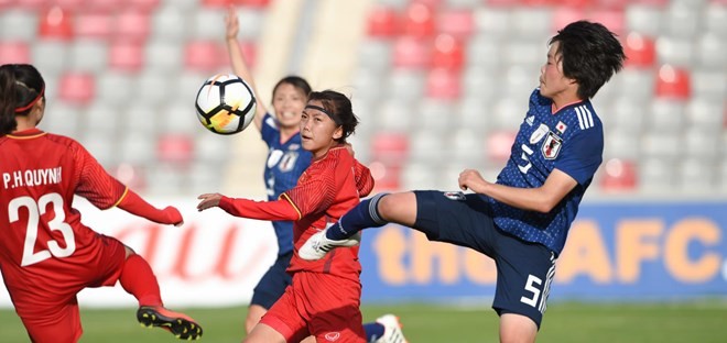 Các cầu thủ nữ Việt Nam (áo đỏ) trong trận đấu với Nhật Bản. (Nguồn: the-afc.com)