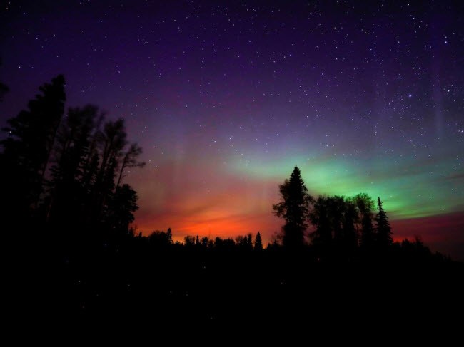 Ánh sáng bắc cực quang huyền ảo trên bầu trời đêm ở Alberta, Canada.