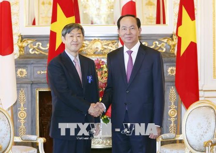 Cũng trong sáng 1/6, theo giờ địa phương, Chủ tịch nước Trần Đại Quang đã tiếp ông Shinichi Kitaoka, Chủ tịch cơ quan hợp tác quốc tế Nhật Bản (JICA). (Ảnh: TTXVN)