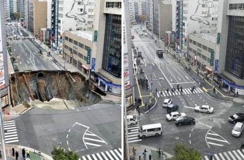 Vào năm 2014, một chiếc hố sâu đến gần 14m từng xuất hiện trên một con đường ở Fukuoka. Sạt lở đất có lẽ là hệ quả từ việc xây dựng tàu điện ngầm, nhưng may mắn thay không có ai bị thương. Thật khó có thể tin được, con đường này được đưa vào sử dụng bình thường chỉ sau 48 tiếng.
