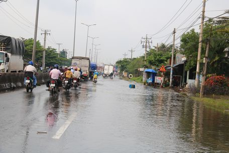 Nước ngập, nhiều chủ phương tiện điều khiển xe mô tô phải lấn làn của ôtô để tránh nước (Ảnh chụp đoạn qua xã Tân Hạnh- Long Hồ)