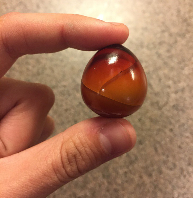 Một quả trứng luộc chín bị bỏ quên trong tủ lạnh trong một năm, khi đập lớp vỏ bên ngoài, bên trong trông giống như một viên đá quý