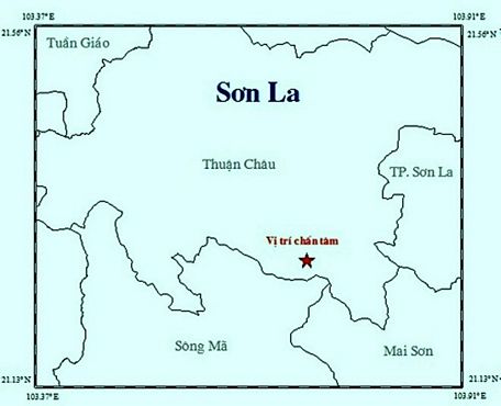 Bản đồ chân tấm vụ động đất xảy ra tại tỉnh Sơn La. (Nguồn: Viện VLĐC)