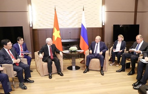 Tổng Bí thư Nguyễn Phú Trọng hội đàm với Tổng thống LB Nga Vladimir Putin. (Ảnh: Trí Dũng/TTXVN)