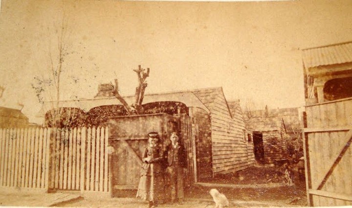 Hai đứa trẻ cùng với một chú chó chụp ảnh trước cửa nhà những năm 1870.