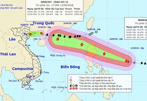 Hướng di chuyển của áp thấp nhiệt đới và siêu bão Mangkhut. Ảnh: NCHMF.