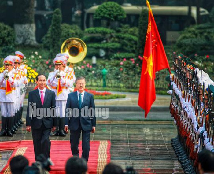 Chủ tịch nước Trần Đại Quang tiếp Tổng thống Hàn Quốc Moon Jae-in trong chuyến thăm Việt Nam hồi tháng 3/2018.