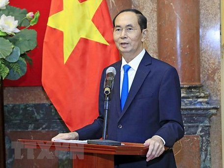 Chủ tịch nước Trần Đại Quang phát biểu động viên các Chỉ huy Đội giỏi năm 2018. (Ảnh: Nhan Sáng/TTXVN)