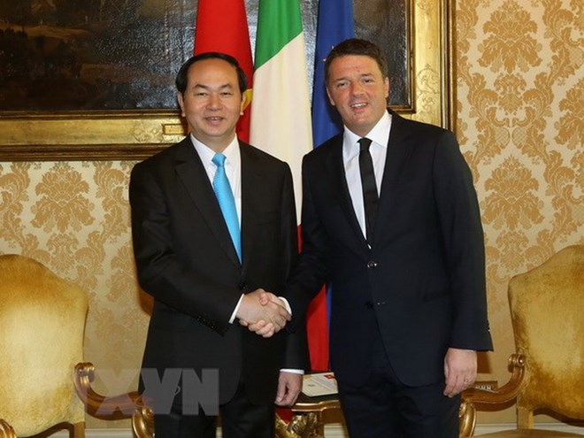  Chủ tịch nước Trần Đại Quang hội kiến Thủ tướng Italy Matteo Renzi, sáng 23/11/2016, tại thủ đô Rome, Italy. (Ảnh: Nhan Sáng/TTXVN)