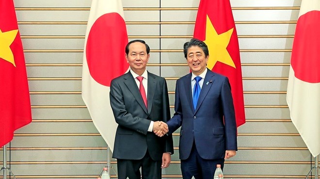  Chủ tịch nước Trần Đại Quang hội đàm Thủ tướng Nhật Bản Shinzo Abe, ngày 31/5/2018, tại thủ đô Tokyo, Nhật Bản. (Ảnh: Nhan Sáng/TTXVN)
