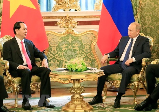  Chủ tịch nước Trần Đại Quang hội đàm với Tổng thống Liên bang Nga Vladimir Putin, chiều 29/6/2017, tại thủ đô Moskva, Liên bang Nga. (Ảnh: Nhan Sáng/TTXVN)