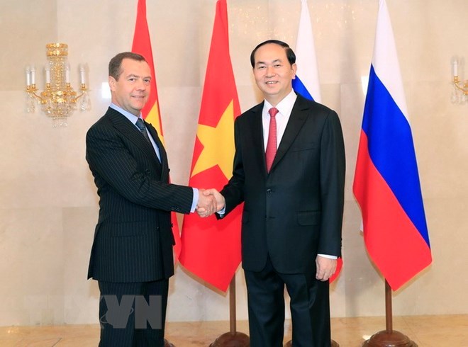  Chủ tịch nước Trần Đại Quang hội kiến Thủ tướng Chính phủ Liên bang Nga Dmitry Medvedev, sáng 29/6/2017, tại thủ đô Moskva, Liên bang Nga. (Ảnh: Nhan Sáng/TTXVN)