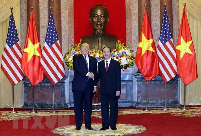  Sáng Ngày 12/11/2017, Chủ tịch nước Trần Đại Quang đón, hội đàm với Tổng thống Hoa Kỳ Donald Trump tại Phủ Chủ tịch. (Ảnh: Nhan Sáng/TTXVN)