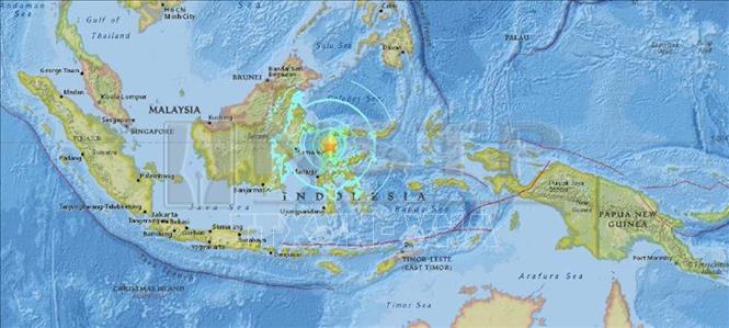 Hình ảnh tâm chấn trận động đất mạnh 7,5 độ Richter gần Palu, Indonesia ngày 28/9/2018 do Cơ quan Khảo sát địa chất Mỹ công bố. Ảnh: EPA/ TTXVN