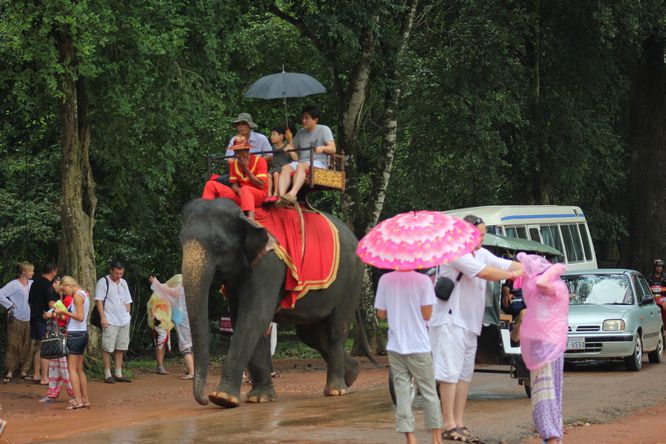 Du khách thích thú cưỡi voi tham quan Angkor.
