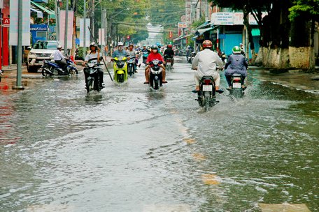 Nhiều đường phố chính trong nội ô TP Vĩnh Long cũng ngập thành sông  (ảnh: DƯƠNG THU)