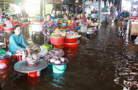 Mặc dù nước đã rút nhiều nhưng một khu vực của chợ Cái Vồn vẫn còn ngập nặng nên khá vắng vẻ.