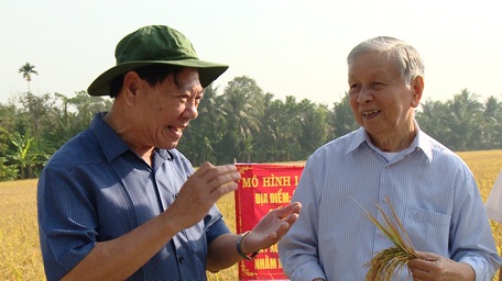 Bí thư Tỉnh ủy Vĩnh Long Trần Văn Rón (trái) và ông Phạm Chánh Trực- nguyên Phó Trưởng Ban Kinh tế Trung ương thăm ruộng lúa hữu cơ ở xã Mỹ Lộc (Tam Bình- Vĩnh Long).