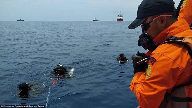 Đội cứu hộ chuyên nghiệp lặn xuống khu vực rơi máy bay, gần khu vực bờ biển phía Tây đảo Java. Ảnh: Basarnas Search and Rescue Team.