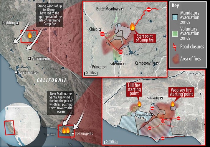 Bản đồ cho thấy 3 đám cháy lớn đang bùng phát tại California. Ảnh: Dailymail.