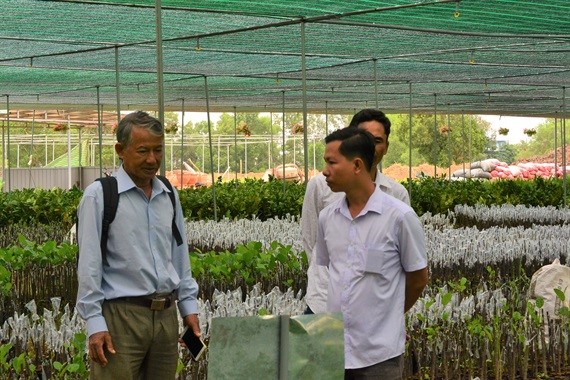 Anh Nguyễn Trí Nghiệp (trái), giám đốc công ty Nông  Trang Island đang tư vấn về giống mít vafkyx thuật trồng mít cho bà con nông dân đến từ tỉnh Sóc Trăng