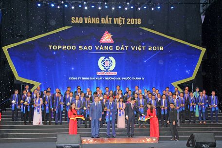 Lãnh đạo Công ty Phước Thành IV đón nhận giải thưởng “Top 200 Sao Vàng đất Việt năm 2018”.Ảnh: VINH HIỂN    