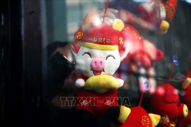 Món đồ trang trí hình chú lợn được treo tại một cửa hàng ở Kathmandu, Nepal, ngày 20/1/2019, để chào đón Tết Nguyên đán Kỷ Hợi. Ảnh: THX/TTXVN