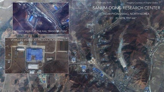 Hình ảnh do vệ tinh của công ty Digital Globe chụp vào ngày 22/2/2019 cho thấy hoạt động tại phóng Sanumdong của Triều Tiên. (Nguồn: WFSB/TTXVN)