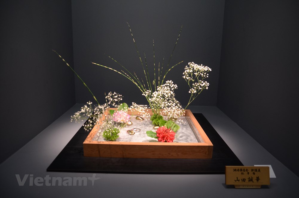  Một tác phẩm thể hiện sáng tạo về chất liệu và hình dáng đạo cụ trong nghệ thuật Ikebana. (Ảnh: Tuyến Nguyễn-Thành Hữu/Vietnam+)