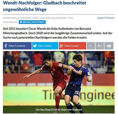  Báo chí Đức đăng tải thông tin về việc Borussia Monchengladbach quan tâm đến Đoàn Văn Hậu
