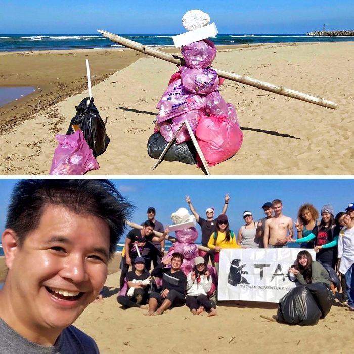 Bức ảnh #Trashtag của một nhóm thanh niên dọn dẹp bãi biển ở Đài Loan.