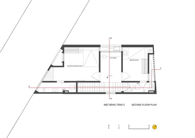Bản vẽ mặt bằng tầng 2. Căn nhà được tạp chí kiến trúc ArchDaily đánh giá cao bởi thiết kế không gian sống thoải mái, rộng rãi trên một mảnh đất “khó”.