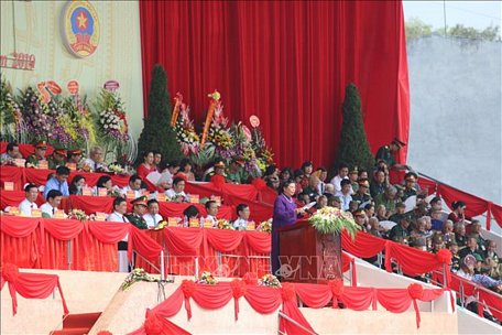 Đồng chí Tòng Thị Phóng, Ủy viên Bộ Chính trị, Phó Chủ tịch Thường trực Quốc hội đọc diễn văn tại buổi lễ. Ảnh: Tuấn Anh/TTXVN