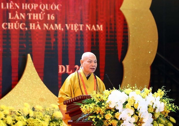 Hòa thượng Thích Thiện Nhơn, Chủ tịch Hội đồng Trị sự Trung ương Giáo hội Phật giáo Việt Nam, Chủ tịch Ủy ban Tổ chức quốc gia Đại lễ Phật đản Liên hợp quốc - Vesak 2019 phát biểu. (Ảnh: Thống Nhất/TTXVN)