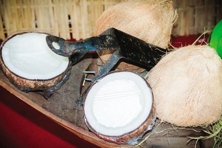 Bàn nạo dừa và dừa khô là vật dụng và nguyên liệu quen thuộc trong làm bánh dân gian Nam bộ. Ảnh: DUY KHÔI