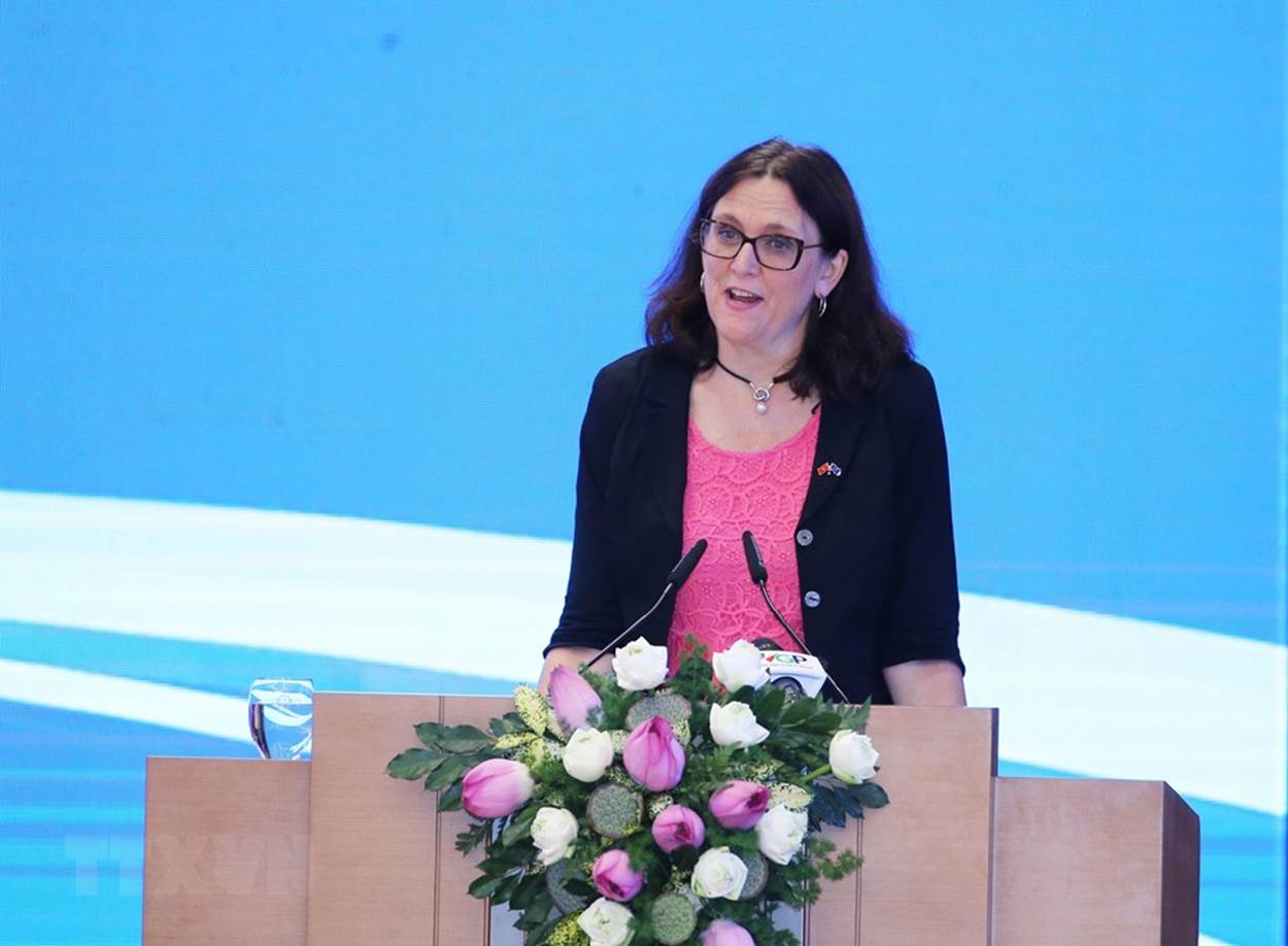 Cao ủy Liên minh châu Âu phụ trách thương mại Cecilia Malmström phát biểu. (Ảnh: Lâm Khánh/TTXVN)