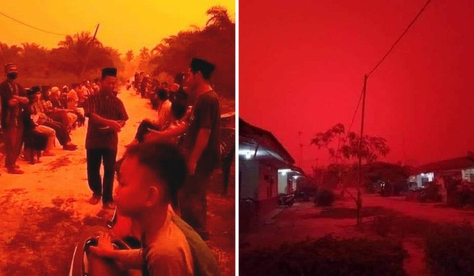 Hôm 22/9, khói mù dày đặc khiến bầu trời ở tỉnh Jambi – Indonesia chuyển sang màu đỏ. Ảnh: The Rakyat Post, The Star
