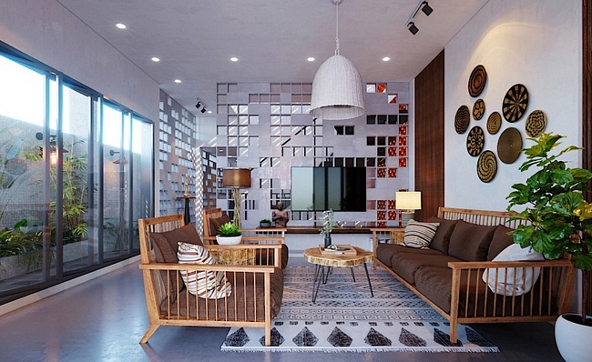 Ghế sofa gỗ kết hợp với đồ trang trí có cùng chất liêụ, phù hợp với không gian phòng khách có thiết kế mở và thoáng.