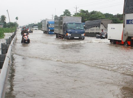 Mùa mưa lũ, QL1 qua Tam Bình thường bị ngập sâu khi triều cường khiến giao thông hỗn loạn.