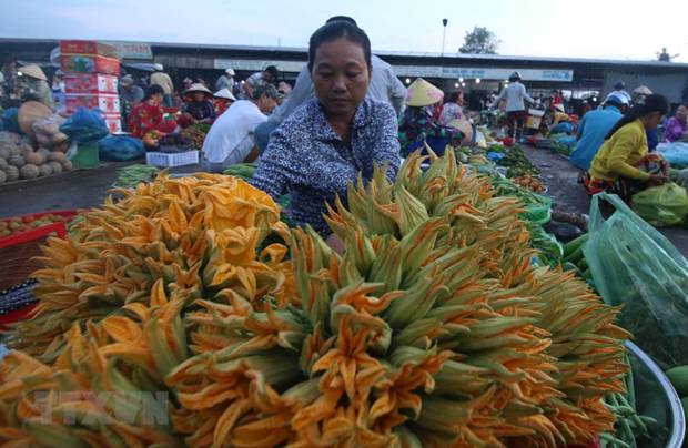  Khu chợ nông thôn ở thành phố Vị Thanh, tỉnh Hậu Giang, với những sản vật mùa lũ. (Ảnh: Duy Khương/TTXVN)