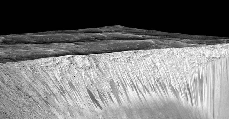 Một hình ảnh cận cảnh hiếm hoi cho thấy bằng chứng của nước trên sao Hỏa: Những dải hẹp tối màu trên những bức tường ở miệng núi lửa Garni trên sao Hoa là bằng chứng cho thấy nước có thể chảy trên bề mặt hành tinh này vào những tháng mùa hè.