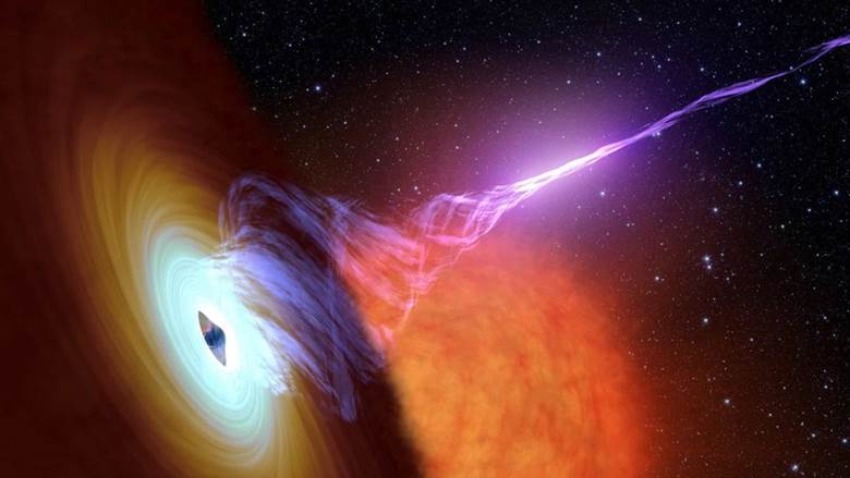 NASA đã công bố một bức ảnh đồ họa cho thấy một hố đen được bao quanh là các vật chất chuyển động theo quỹ đạo và một luồng khí nóng chảy vào bên trong nó, gọi là plasma./.