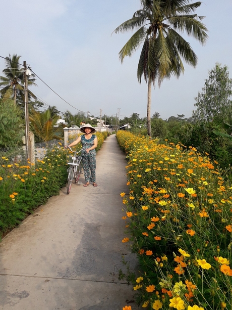 Nhiều tuyến đường bê tông xã Tân Phú được chỉnh trang bằng “tấm áo hoa” đầy màu sắc.