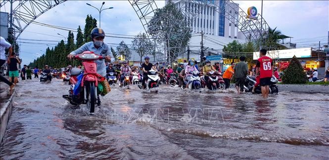 Đường Nguyễn Văn Cừ, quận Ninh Kiều (thành phố Cần Thơ) bị ngập sâu, người dân vất vả khi di chuyển, ảnh chụp ngày 30-9-2019.