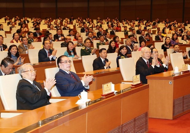 Tổng Bí thư, Chủ tịch nước Nguyễn Phú Trọng cùng các lãnh đạo, nguyên lãnh đạo Đảng và Nhà nước tới dự Lễ bế mạc Kỳ họp thứ 8, Quốc hội khóa XIV. (Ảnh: TTXVN)