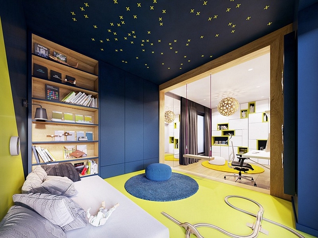 Bước vào phòng ngủ trẻ em, bạn như bước vào thế giới của những gam màu rực rỡ như vàng và xanh dương.