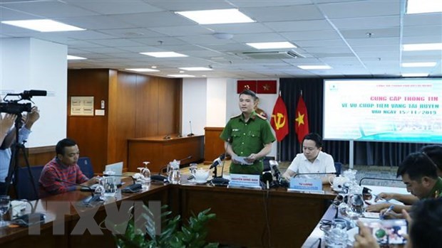 Thượng tá Nguyễn Đăng Nam, Trưởng Phòng Cảnh sát hình sự Công an Thành phố Hồ Chí Minh thông tin về vụ án. (Ảnh: Thành Chung/TTXVN)